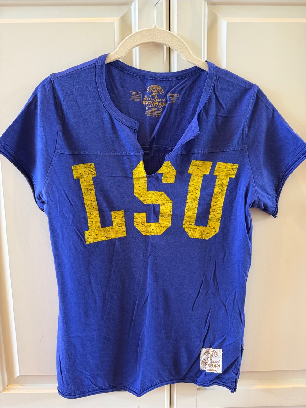 Purple Short Sleeve LSU Tee with Yellow Lettering